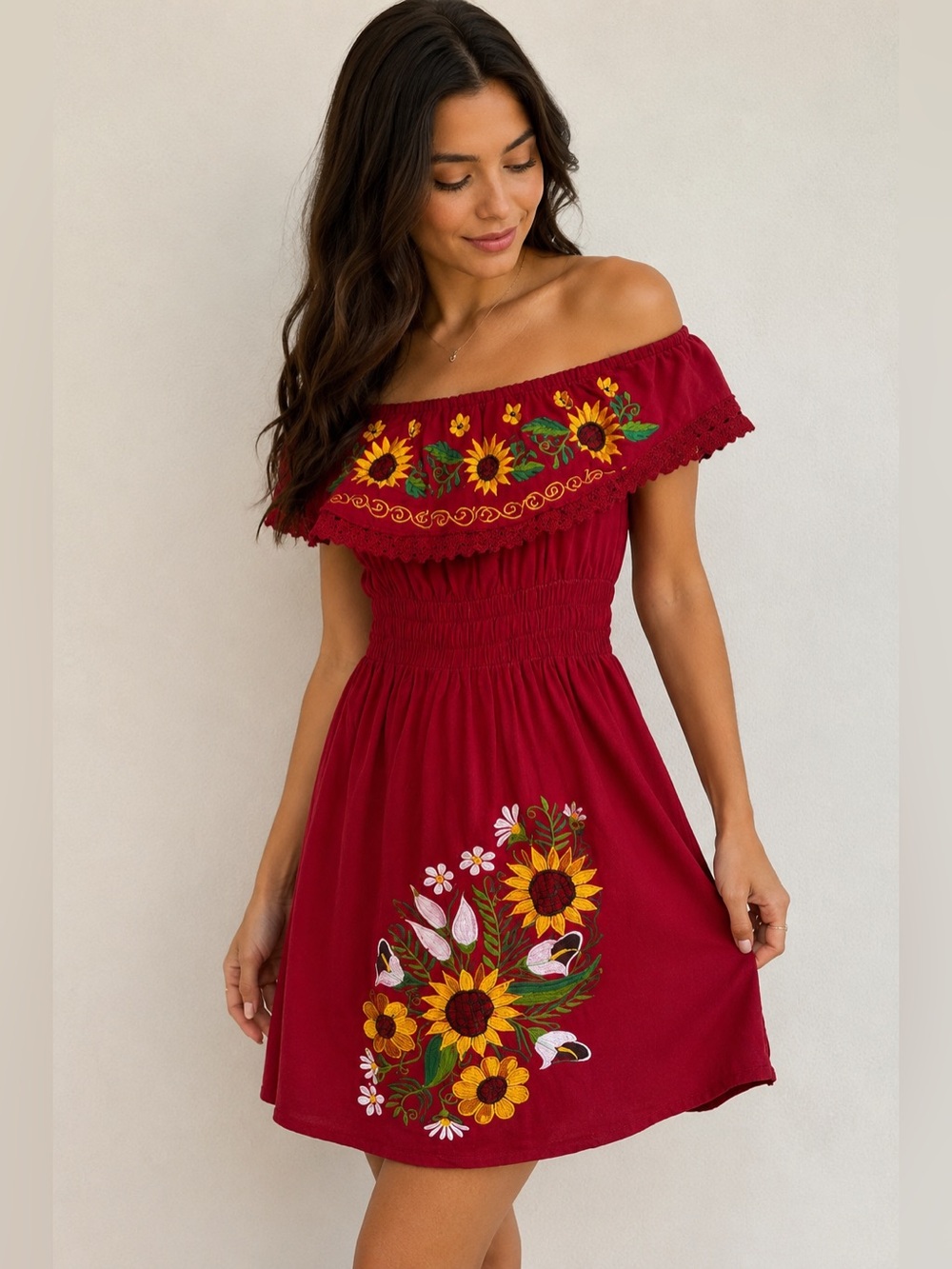 Handmade Sunflower Embroidered Boho Off Shoulder Festival Dress One Size